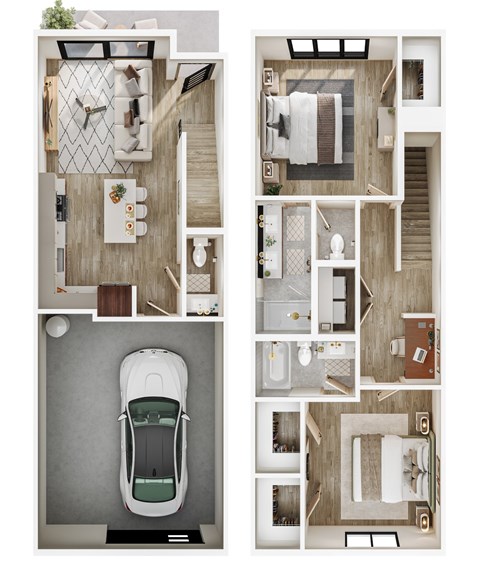Floor plan for 2 beds, 2.5 baths, 1157 sqft